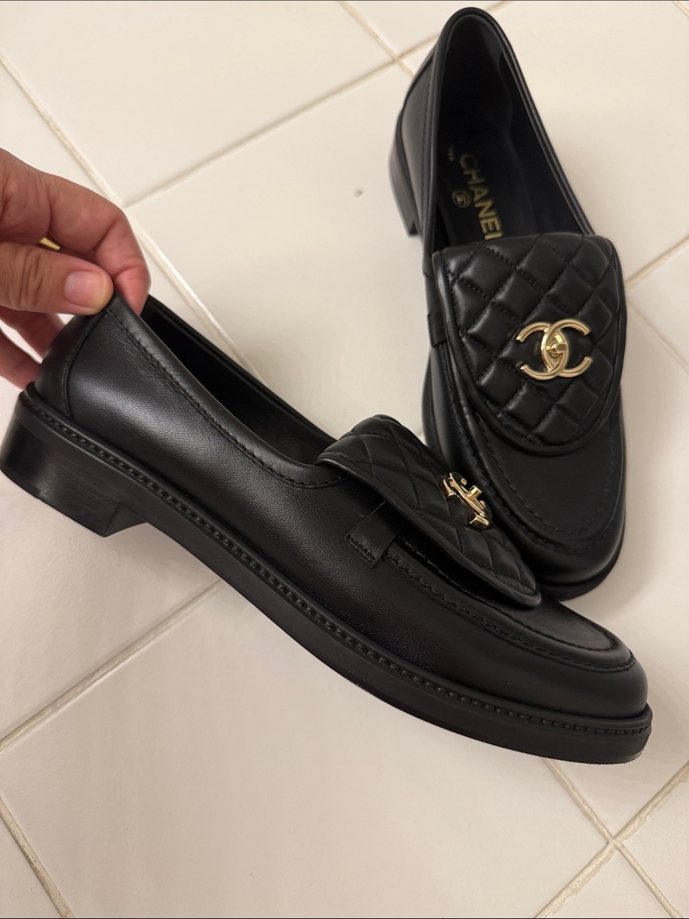 CHANEL Black Quilted Leather Slip-On Loafers with Gold CC Emblem - Authentic - Picture 2 of 6